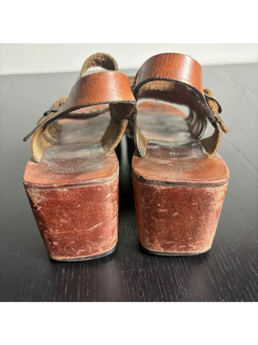 Vintage 70s MUSA Womens 7M Brown Leather Wood Platform Sandals 1970s Brazil